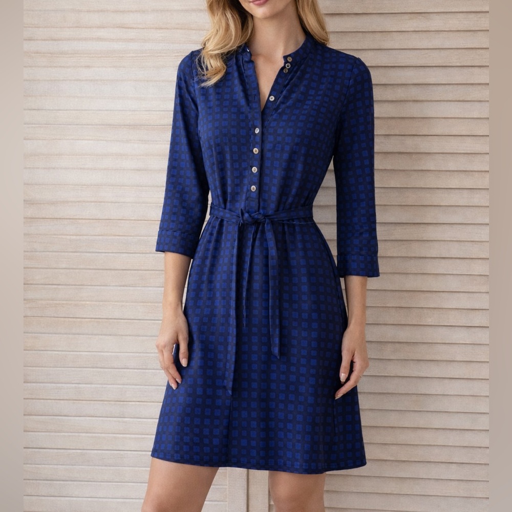 The Limited Blue and Black Patterned Shirt Dress Small Button Midi Work Office